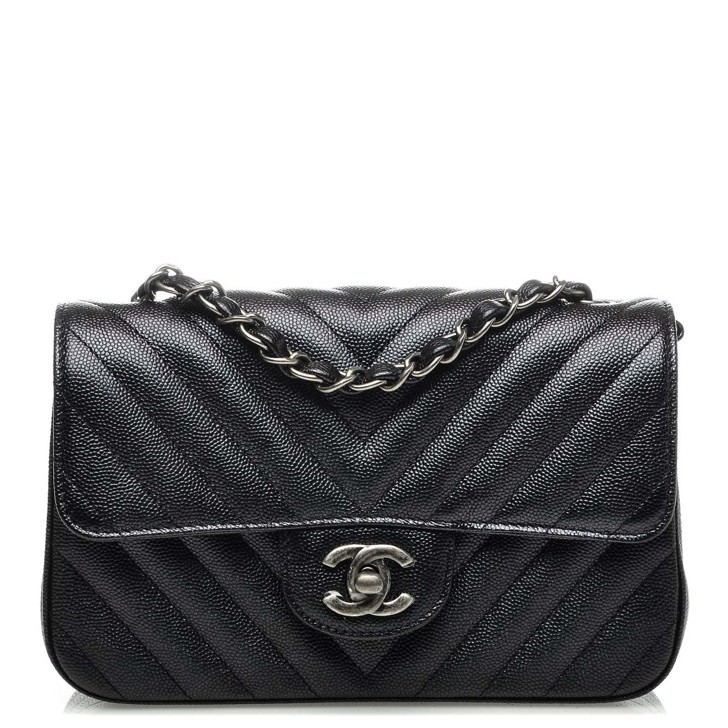 Caviar Chevron Quilted Mini Rectangular Flap Black