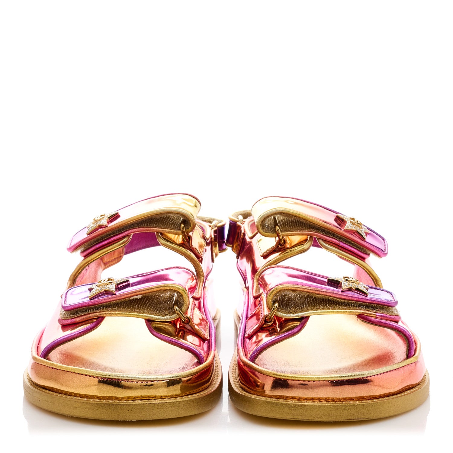 Chanel Metallic Laminated Calfskin Crystal Star CC Velcro Dad Sandals 40 Gold Multicolor 2 of 10