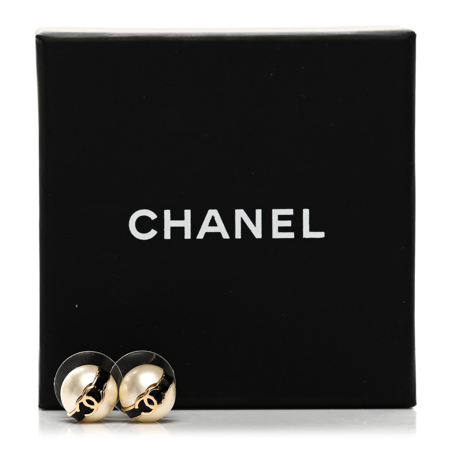 Chanel Pearl Metal CC Stud Earrings Gold Black White 5 of 5