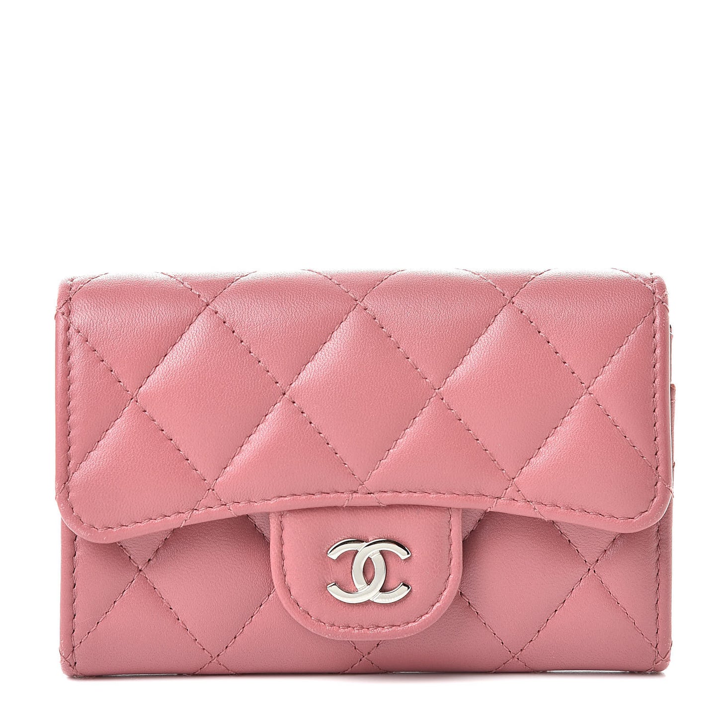 Lambskin Quilted Flap Card Holder Pink