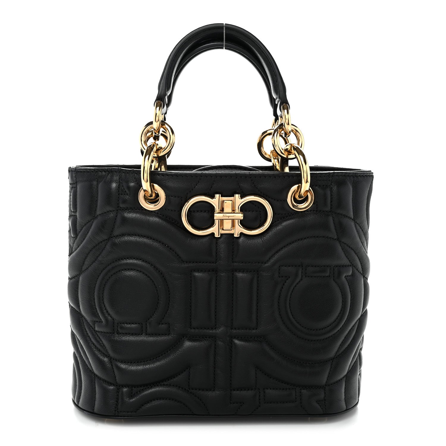 Salvatore Ferragamo Calfskin Embossed Logo Plaque Gancini Tote Black 1 of 9