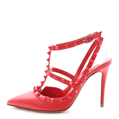 Valentino Garavani Calfskin Lacquered Monochrome Rockstud Ankle Strap 100mm Pumps 37.5 Rosso Valentino 1 of 10