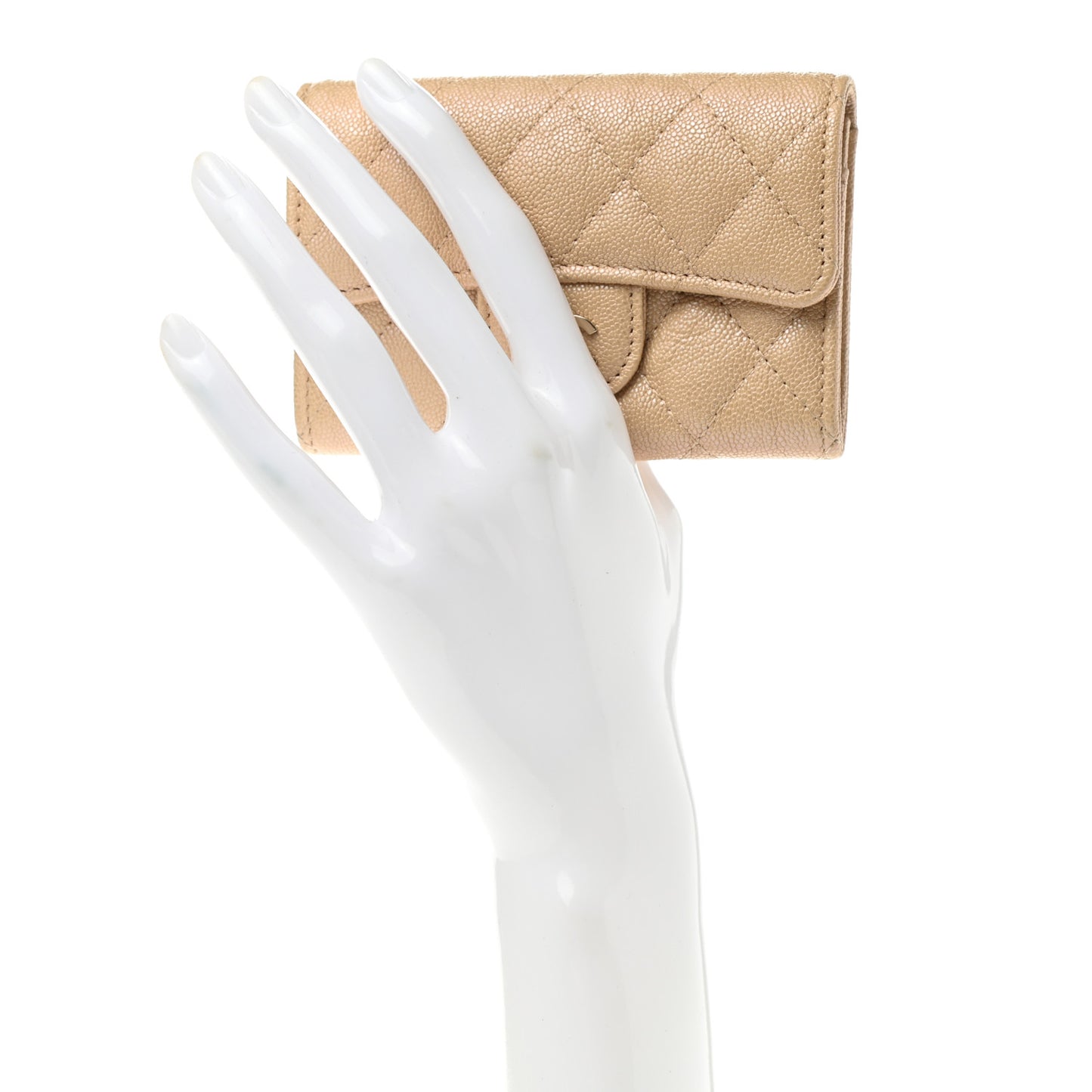 Iridescent Caviar Quilted Flap Card Holder Beige
