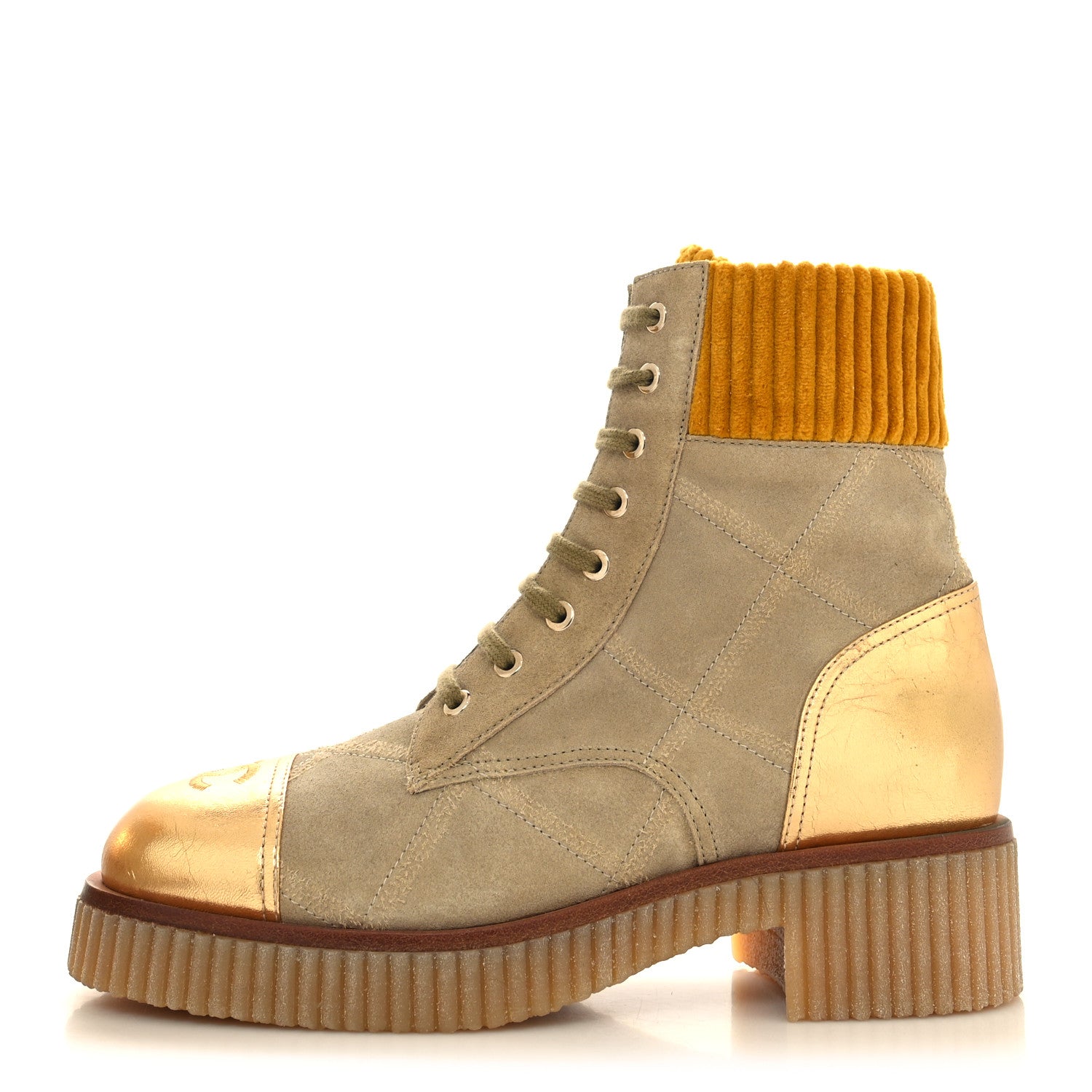 Chanel Suede Calfskin Velvet Laminated Quilted CC Combat Boots 39.5 Beige Yellow Gold 1 of 8