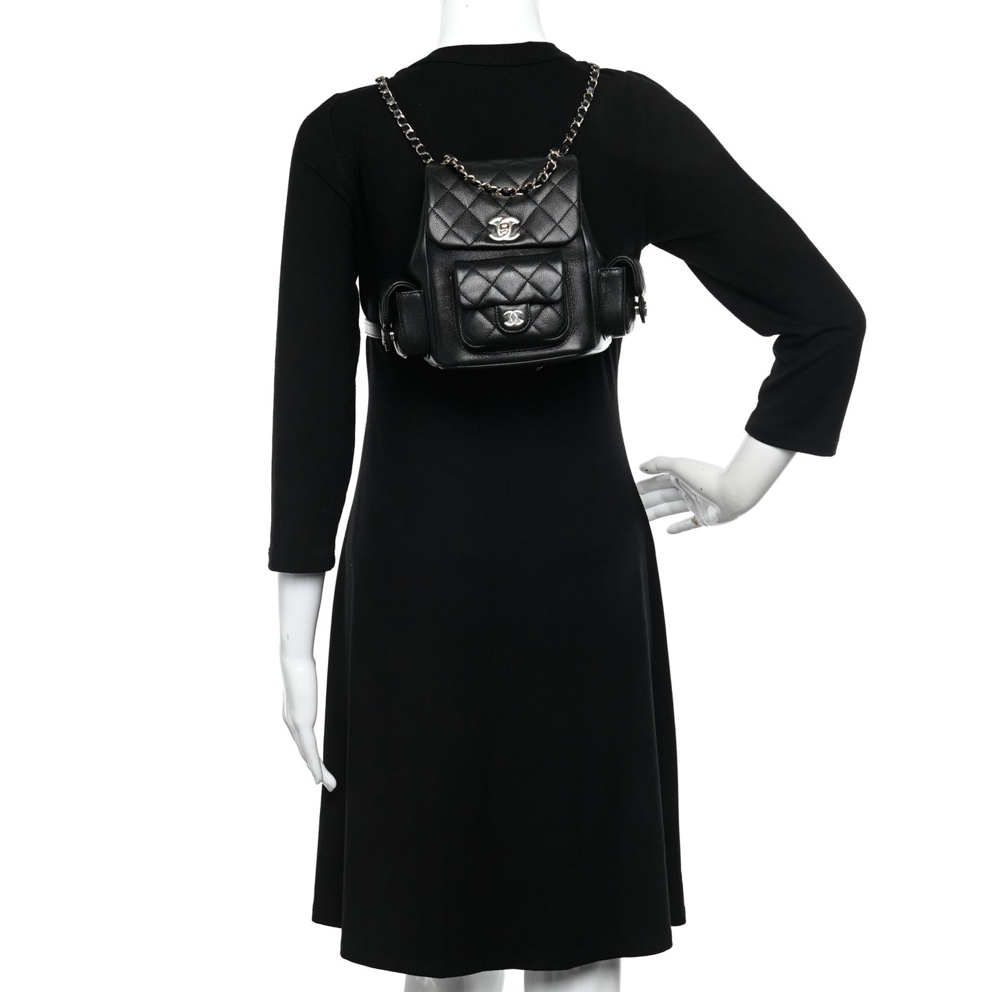 Shiny Caviar Quilted Small Pockets Drawstring Backpack Black