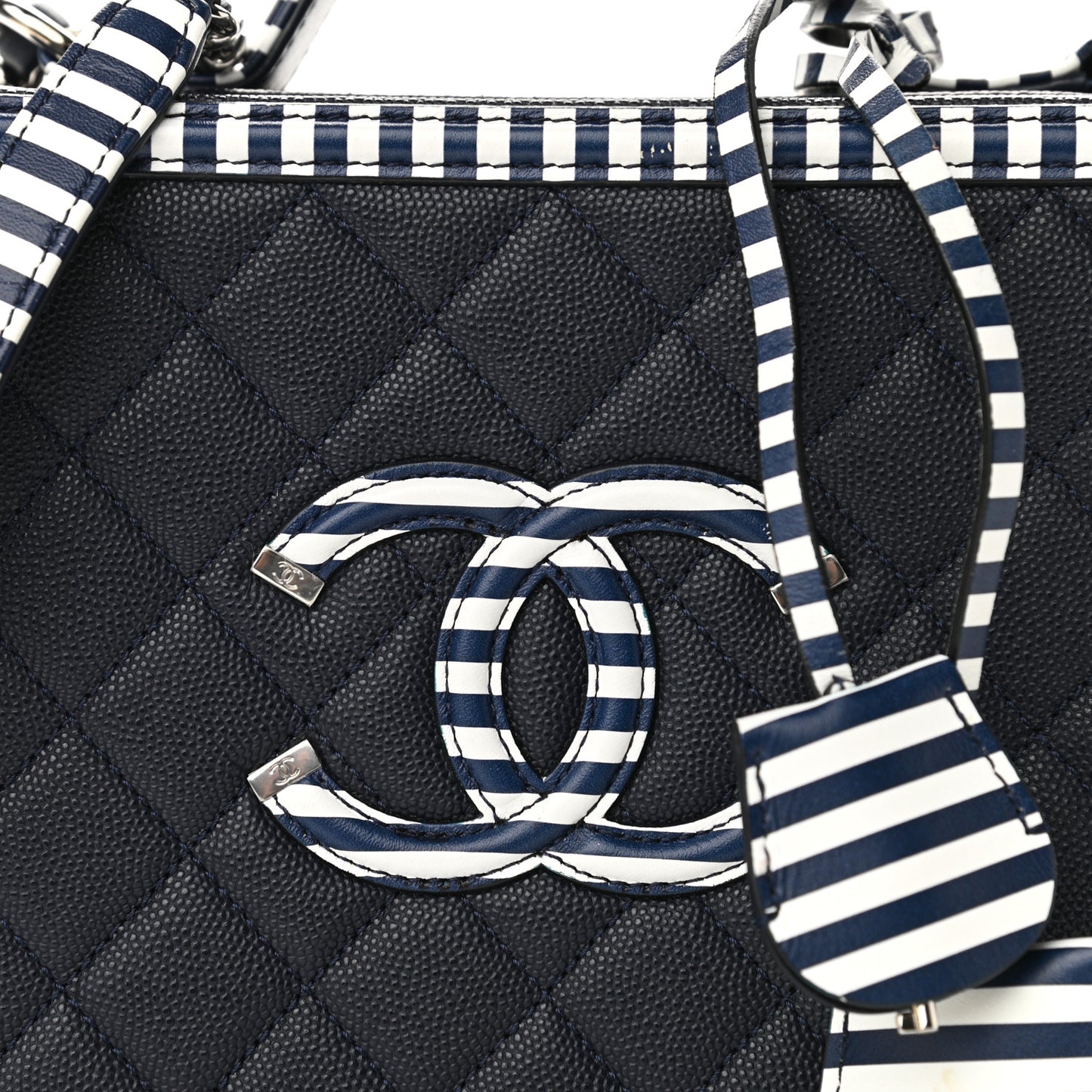 Caviar Quilted Striped Medium CC Filigree Vanity Case Navy White