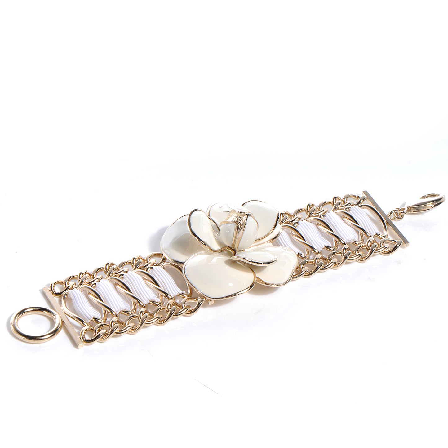 Enamel Camellia Chain Ribbon Bracelet White