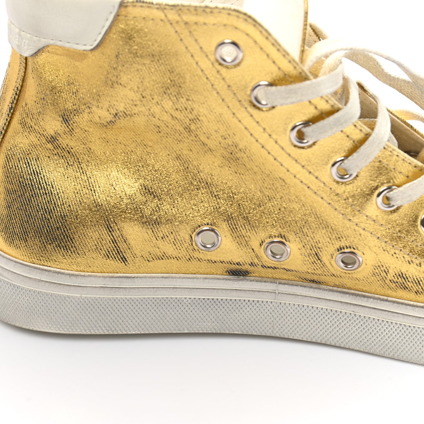 Distressed Calfskin Bedford Logo-Appliqued Hightop Sneakers 38 Gold Cream White