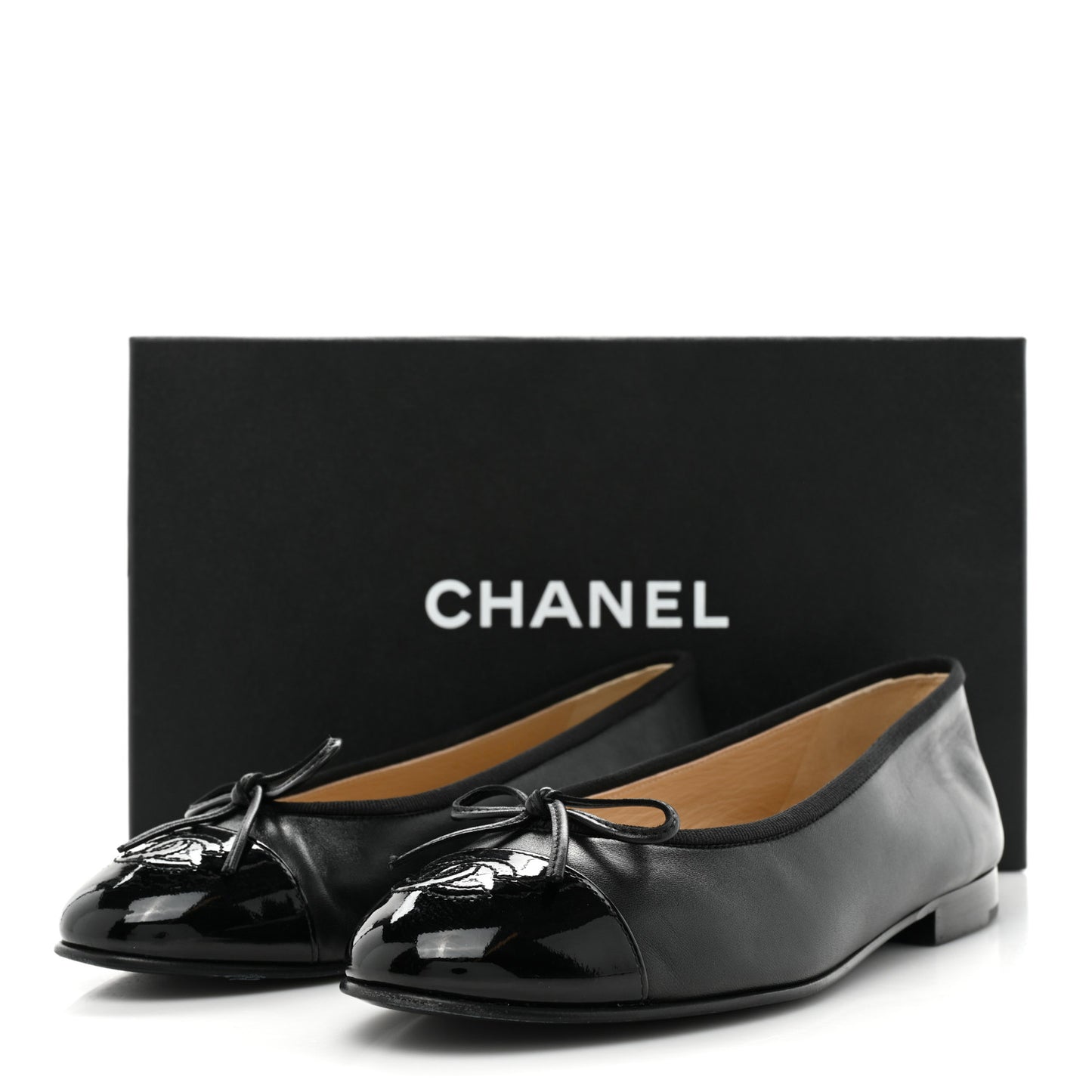 Lambskin Patent Cap Toe Ballerina Flats 37 Black