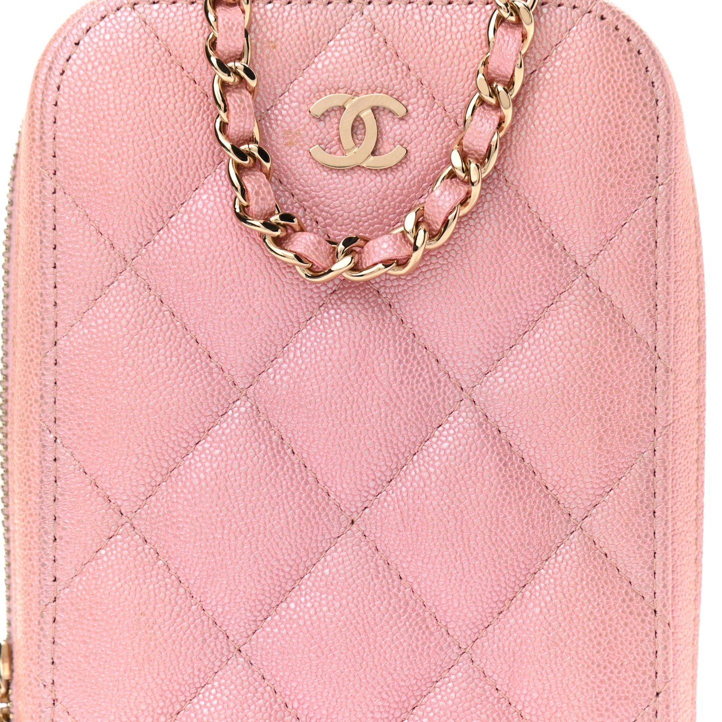 Iridescent Caviar Quilted Zip Phone Case Pink