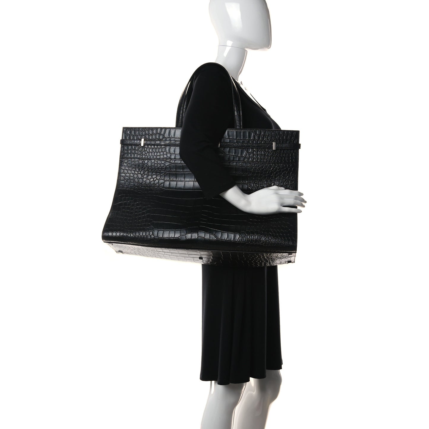 Calfskin Crocodile Embossed Large Manhattan Shopper Tote Black