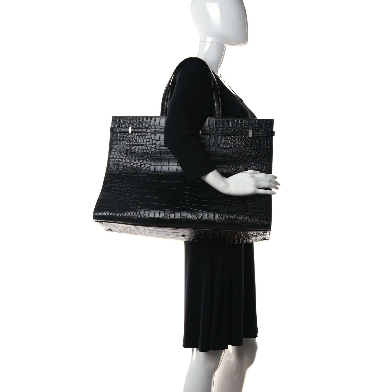 Saint Laurent Calfskin Crocodile Embossed Large Manhattan Shopper Tote Black 2 of 9