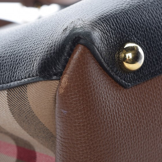 Grainy Calfskin House Check Two Tone Medium Banner Tote Black Brown