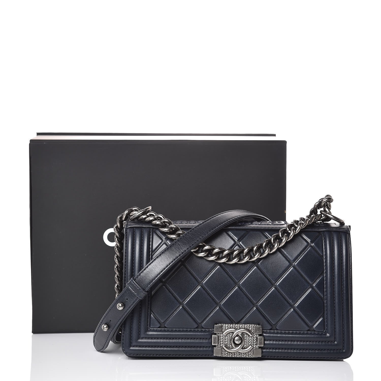 Chanel Calfskin Embossed Medium Paris Salzburg Boy Flap Navy 10 of 10