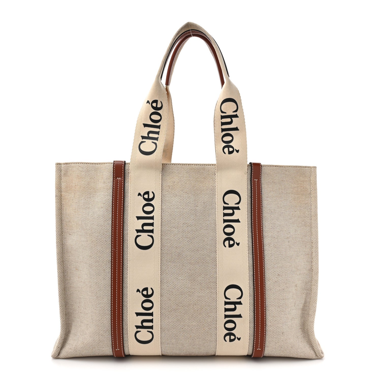 Chloe Cotton Calfskin Large Woody Ribbon Tote White Brown 1 of 15