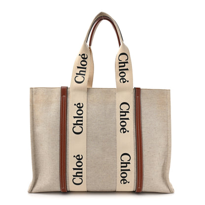 Chloe Cotton Calfskin Large Woody Ribbon Tote White Brown 1 of 15