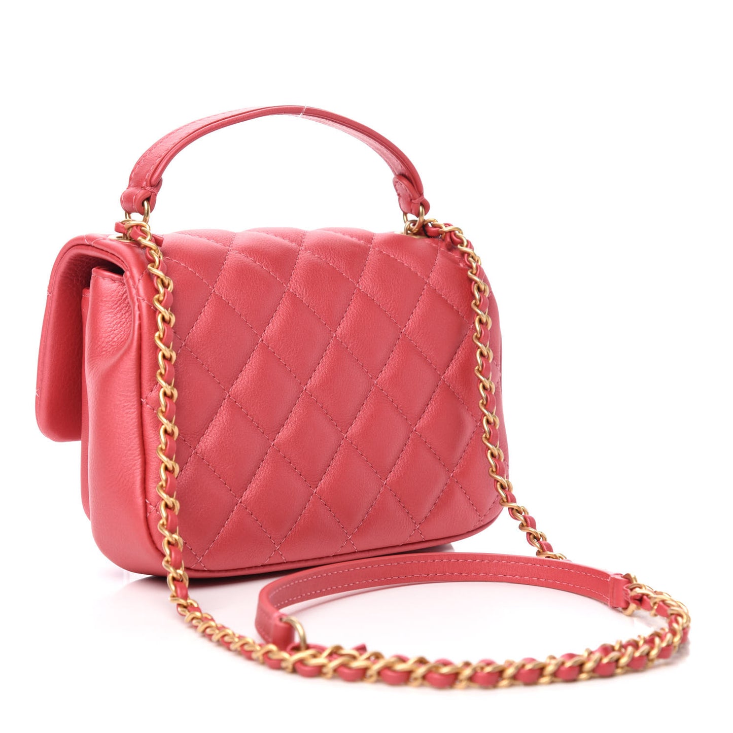 Calfskin Quilted Top Handle Flap Dark Pink