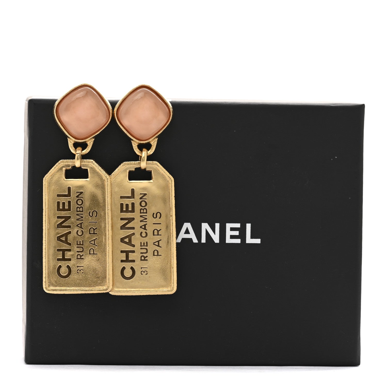 Chanel CC Tags Drop Earrings Gold Pink 5 of 5