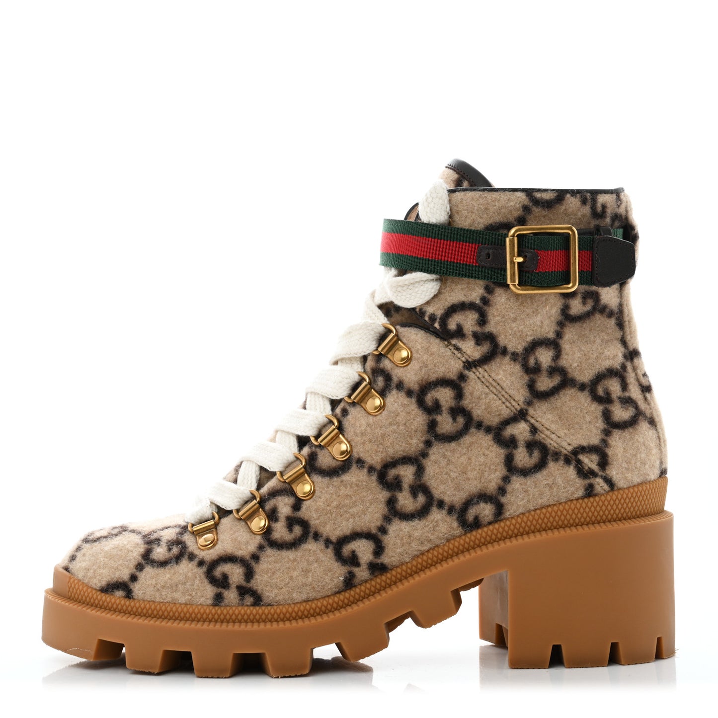 Covered Wool Big GG Monogram Womens Lace Up Combat Ankle Boots 38 Beige Ebony Cocoa