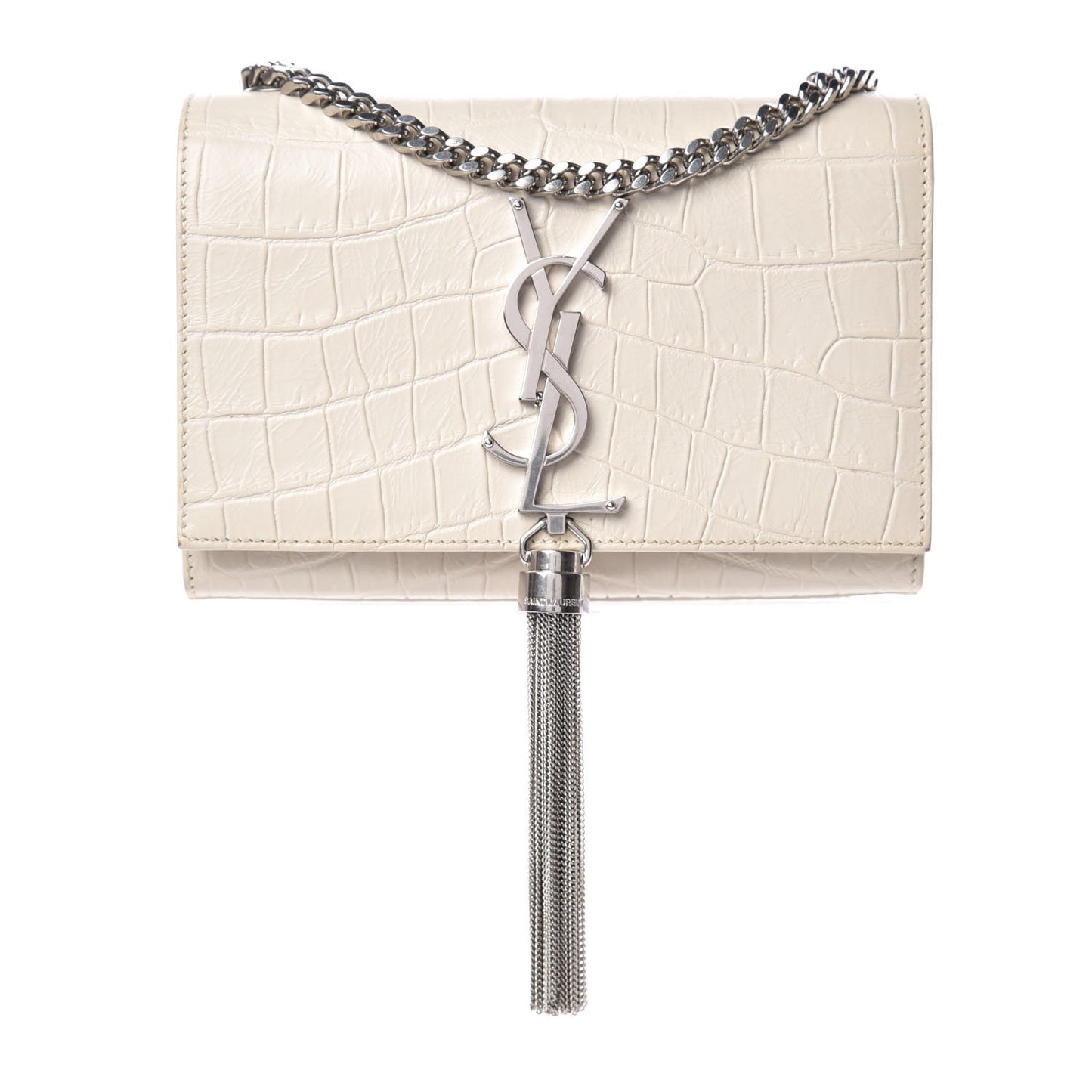 Calfskin Crocodile Embossed Small Kate Tassel Satchel Dove White