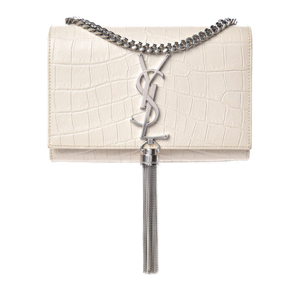 Saint Laurent Calfskin Crocodile Embossed Small Kate Tassel Satchel Dove White 1 of 8