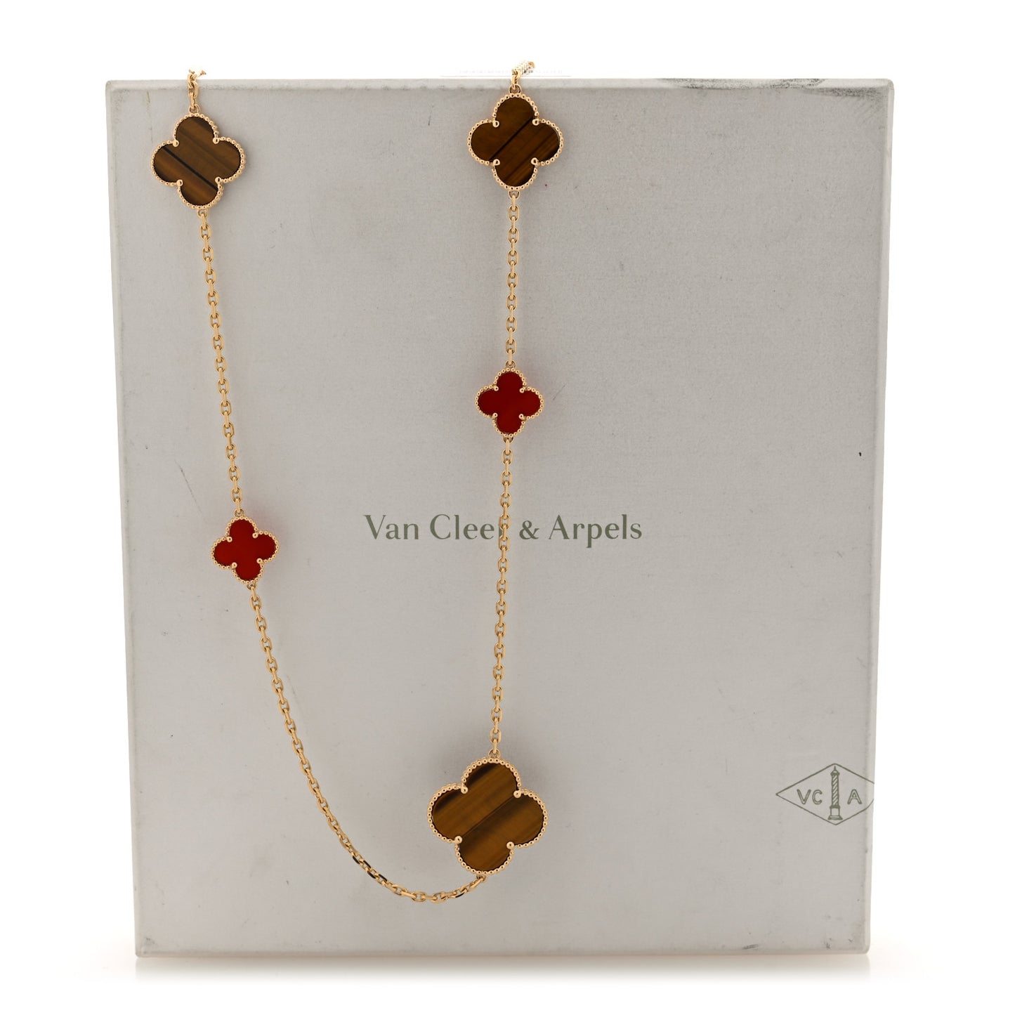 18K Yellow Gold Tiger Eye Carnelian 16 Motifs Magic Alhambra Necklace