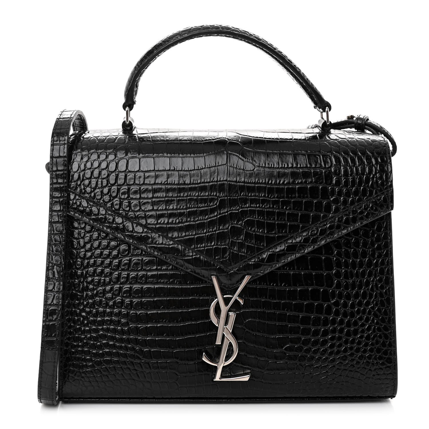Saint Laurent Calfskin Crocodile Embossed Medium Classic Monogram Cassandra Top Handle Black 1 of 9