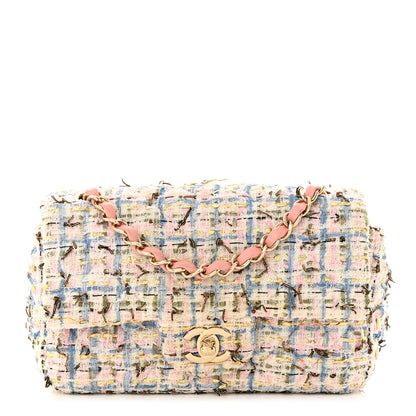 Chanel Tweed Quilted Mini Rectangular Flap Light Blue Pink Gold White 1 of 11