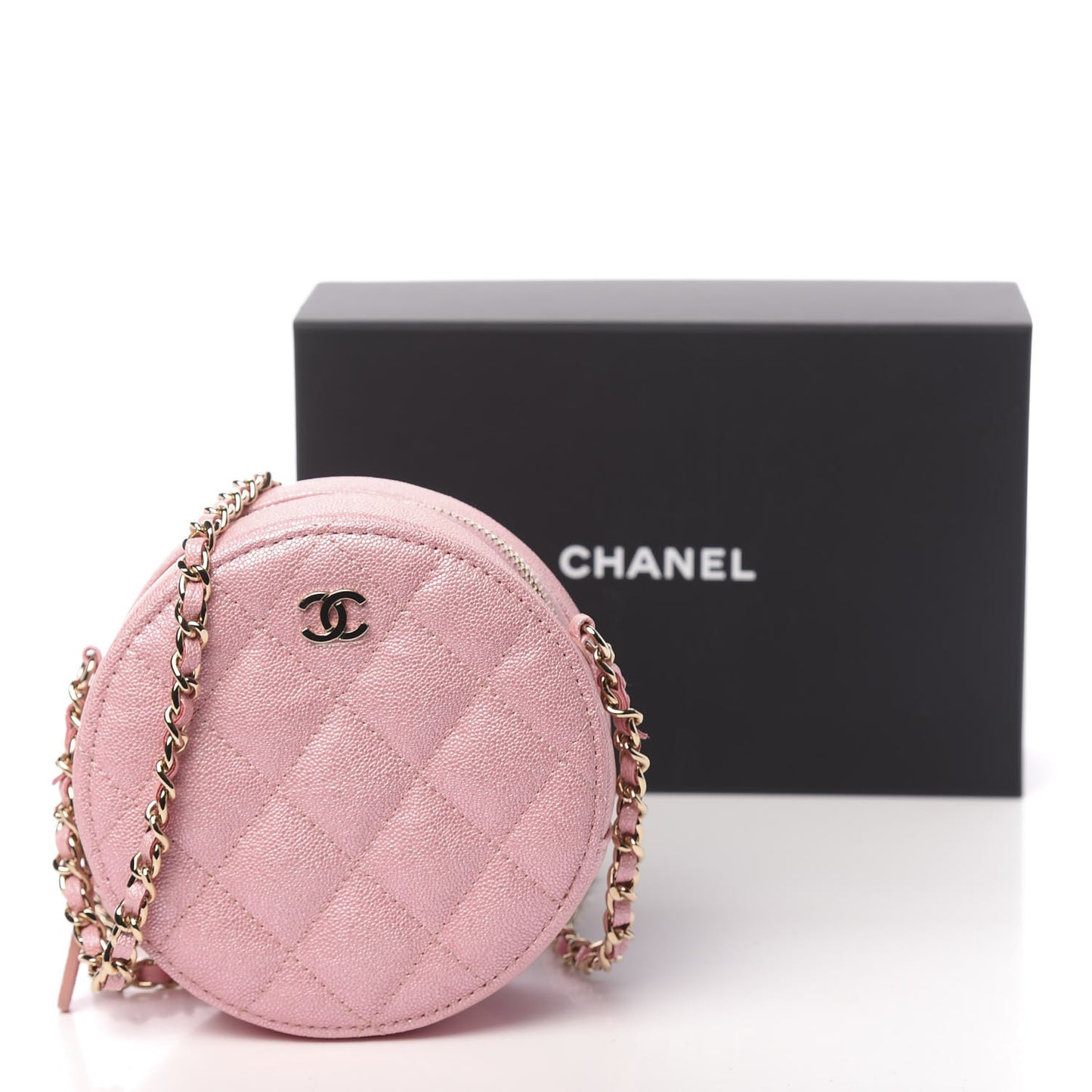 Iridescent Caviar Quilted Round Clutch With Chain Pink