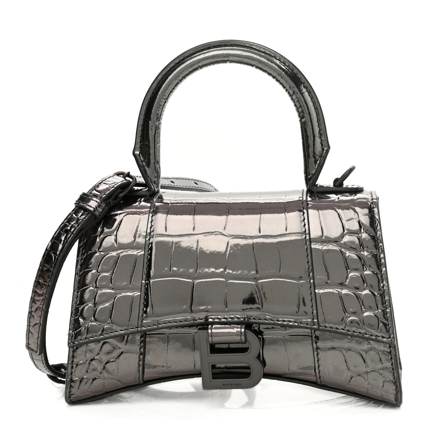 Shiny Calfskin Crocodile Embossed Hourglass Top Handle Bag XS Gunmetal