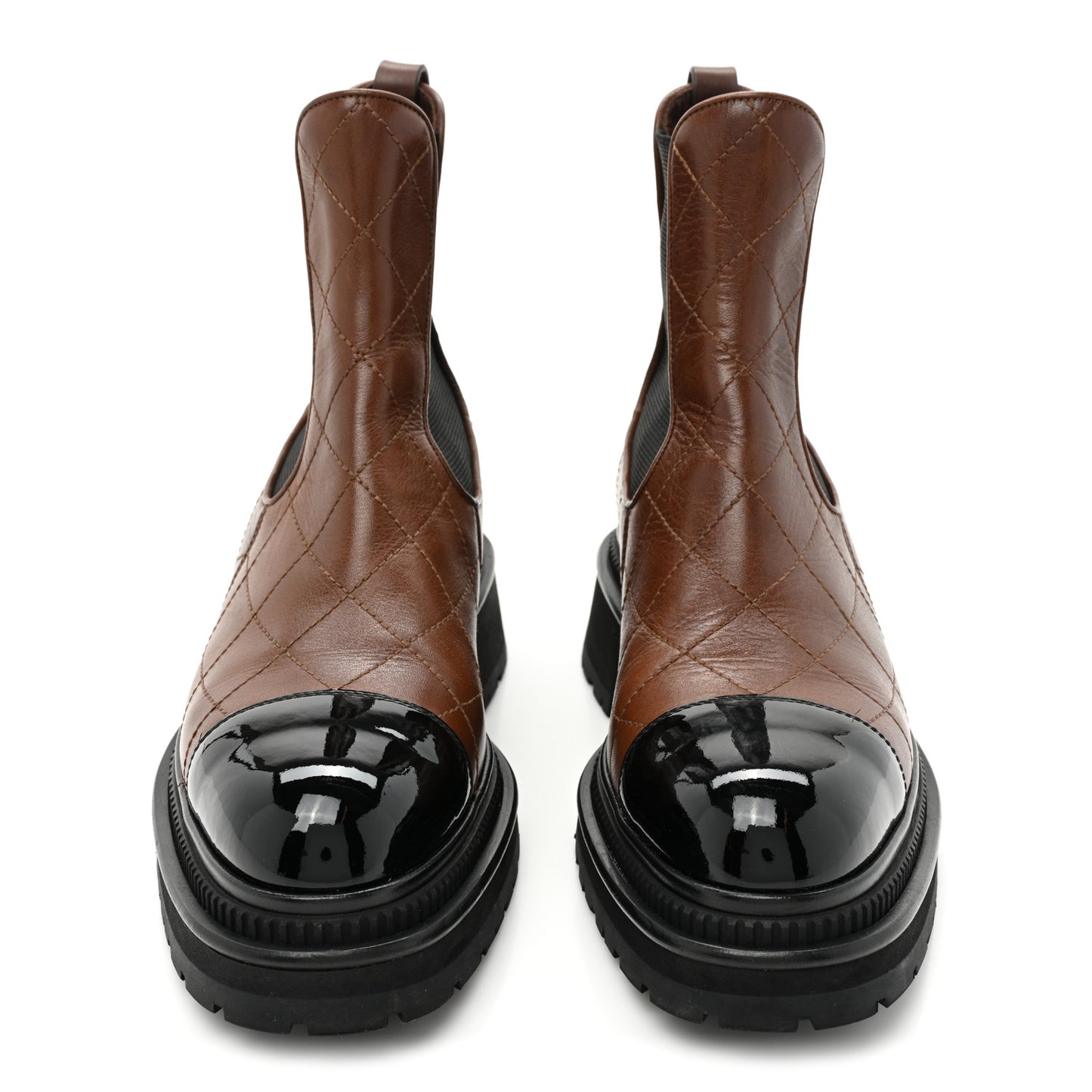 Calfskin Patent Cap Toe Quilted Short Boots 39.5 Brown Black