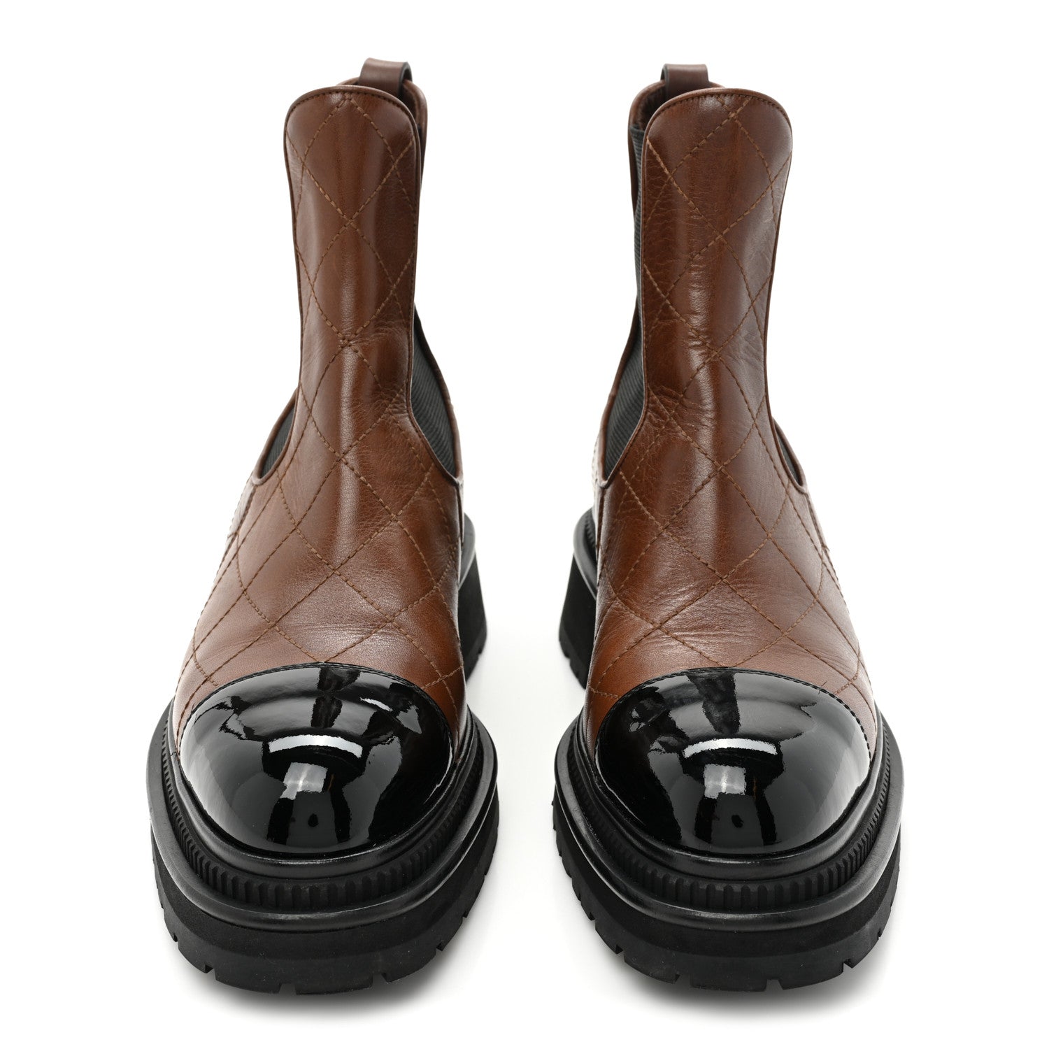 Chanel Calfskin Patent Cap Toe Quilted Short Boots 39.5 Brown Black 2 of 13