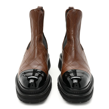 Chanel Calfskin Patent Cap Toe Quilted Short Boots 39.5 Brown Black 2 of 13