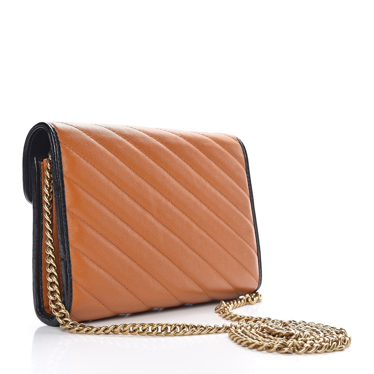Vintage Effect Calfskin Matelasse Diagonal Torchon GG Marmont Chain Wallet Cognac