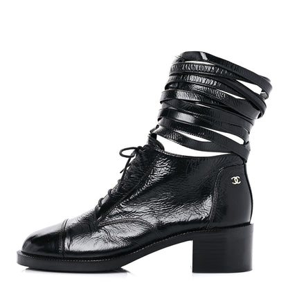 Chanel Crumpled Calfskin Lace Up Short Boots 39 Black 1 of 13