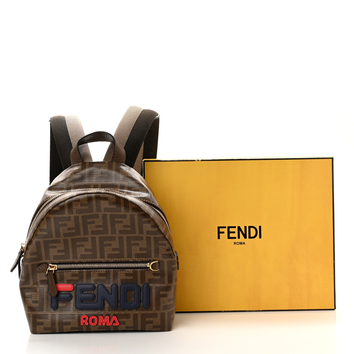 Fendi X FILA Glazed Fabric Vitello Century FF 1974 Mania Mini Backpack Mogano Panna Blueberry 11 of 11