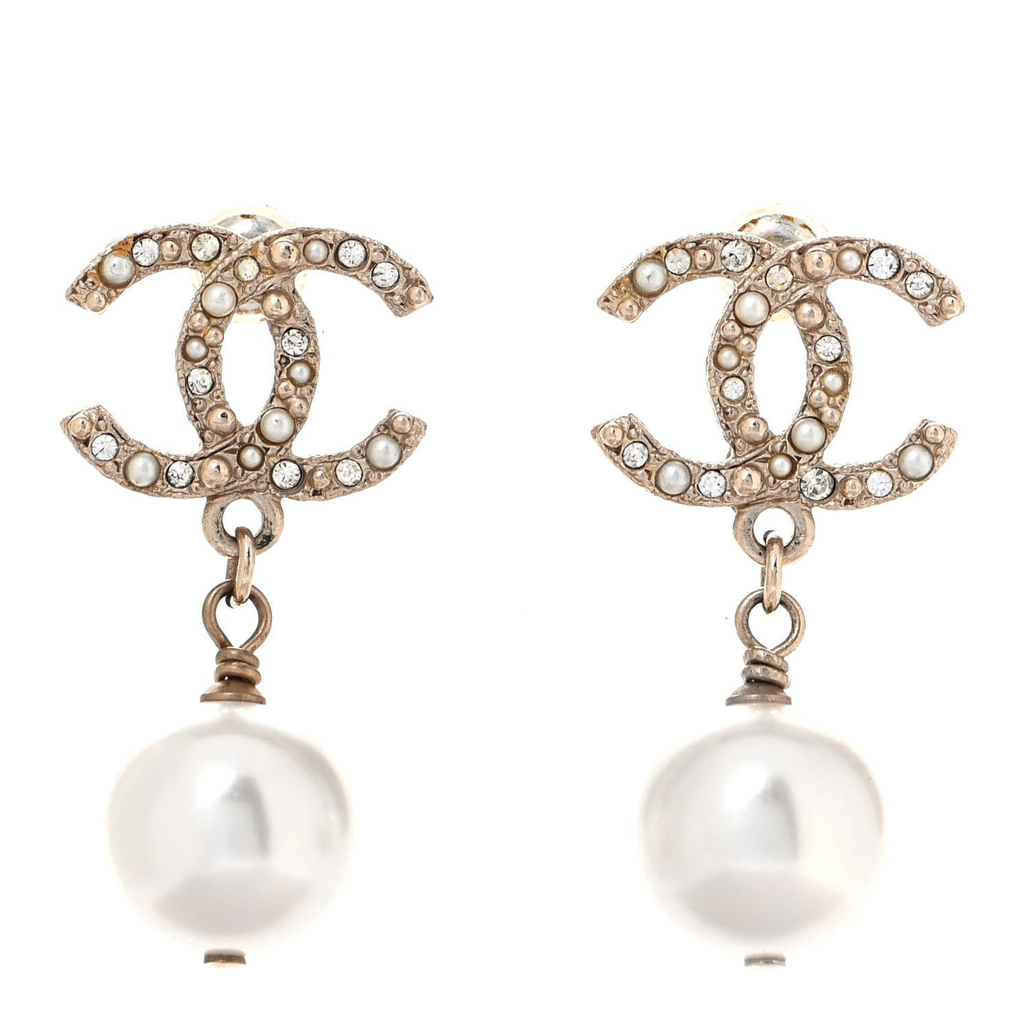 Crystal Pearl CC Drop Earrings Gold