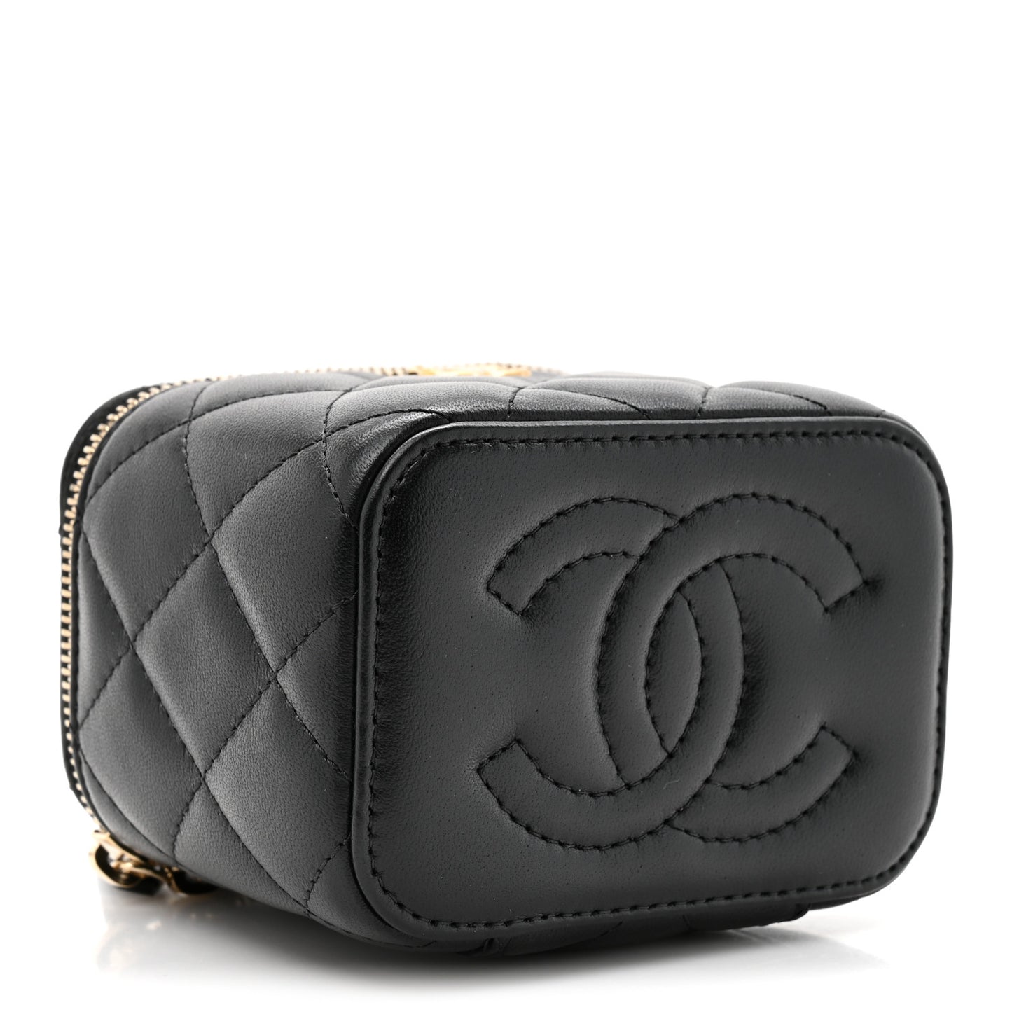 Lambskin Quilted Mini Pearl Crush Vanity Case With Chain Black