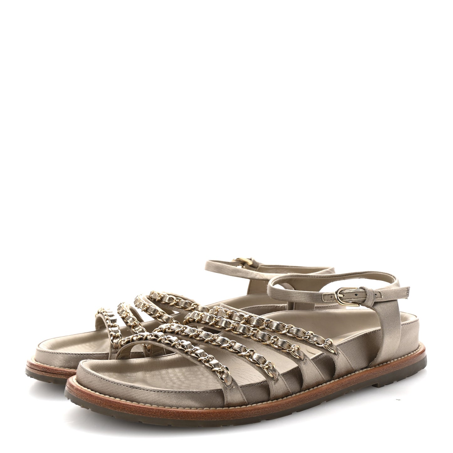 Satin Lambskin Chain Flat Sandals 37.5 Beige