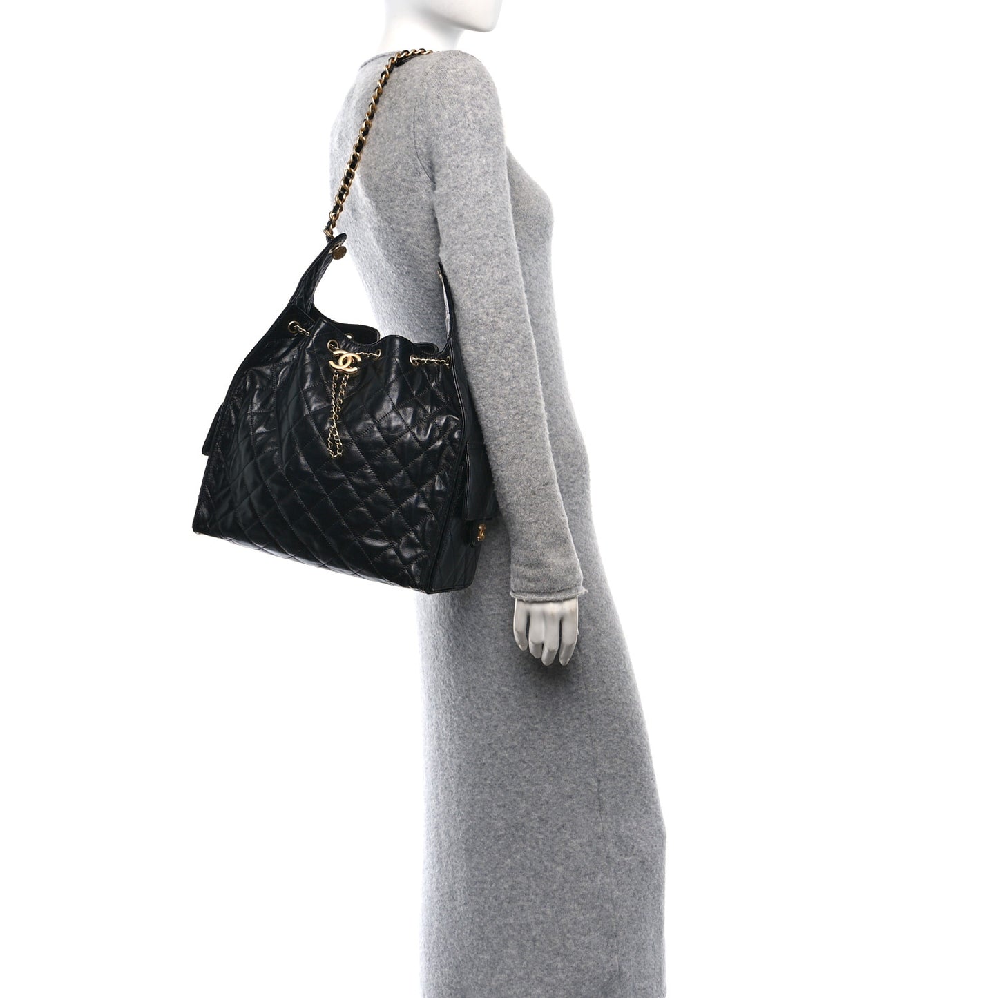 Shiny Crumpled Calfskin Quilted Medium Chanel 25 Handbag Black