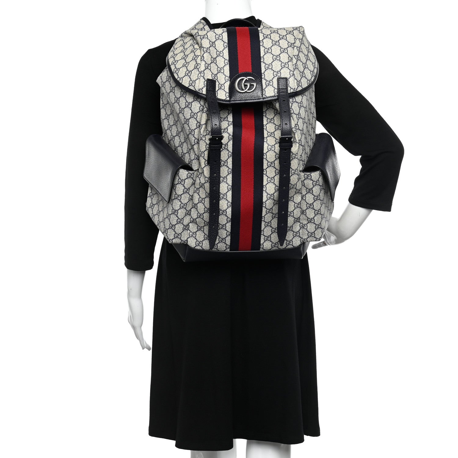 Gucci GG Supreme Monogram Medium Ophidia Double Buckle Backpack Beige Blue Black 2 of 9