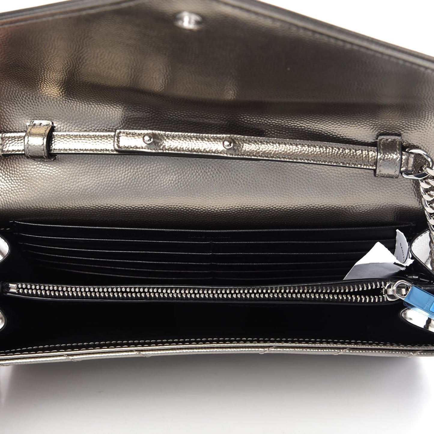 Metallic Grain De Poudre Matelasse Chevron Monogram Chain Wallet Piombo