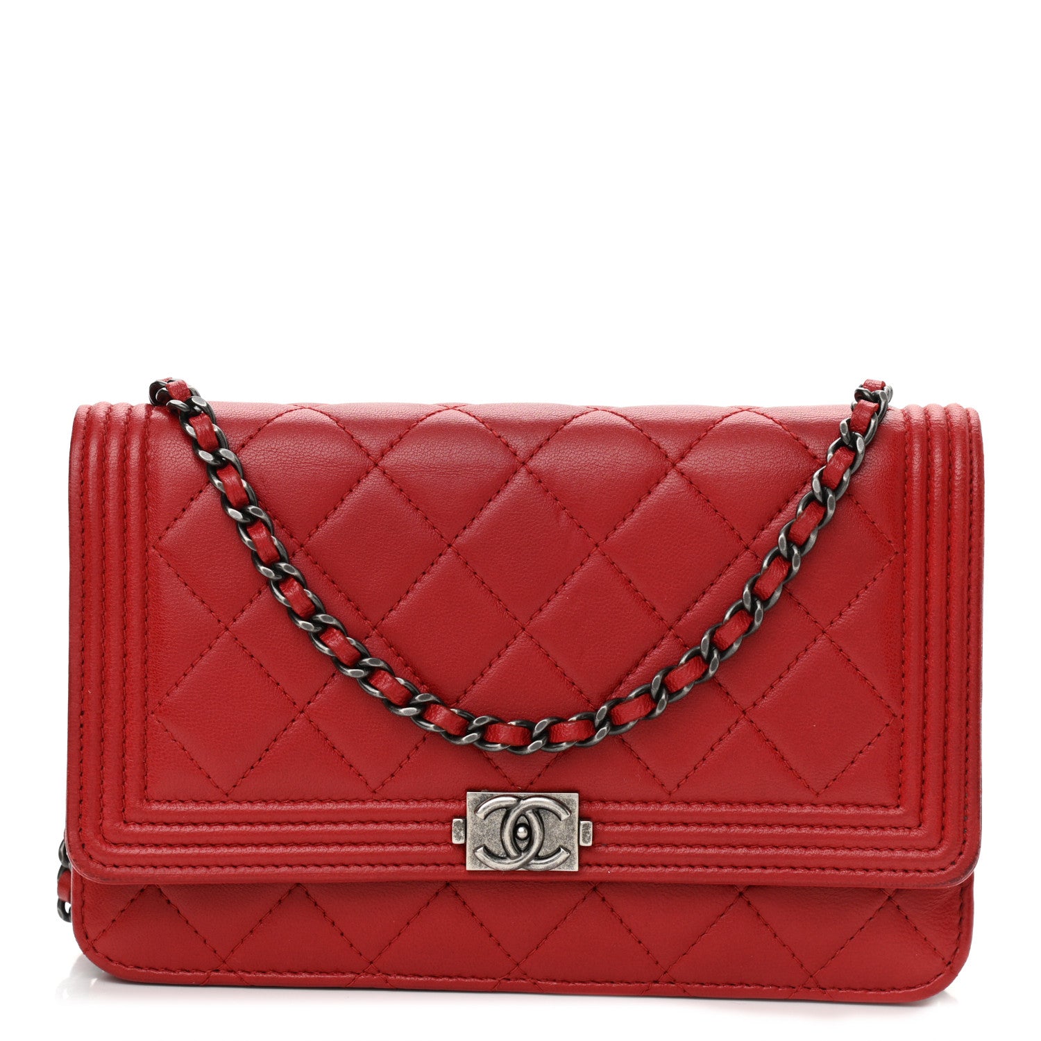 Chanel Lambskin Quilted Boy Wallet On Chain WOC Red 1 of 11