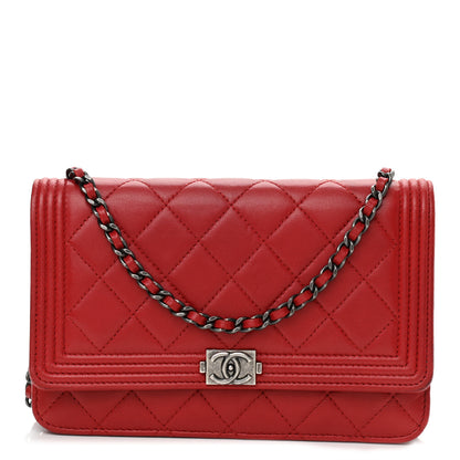 Chanel Lambskin Quilted Boy Wallet On Chain WOC Red 1 of 11