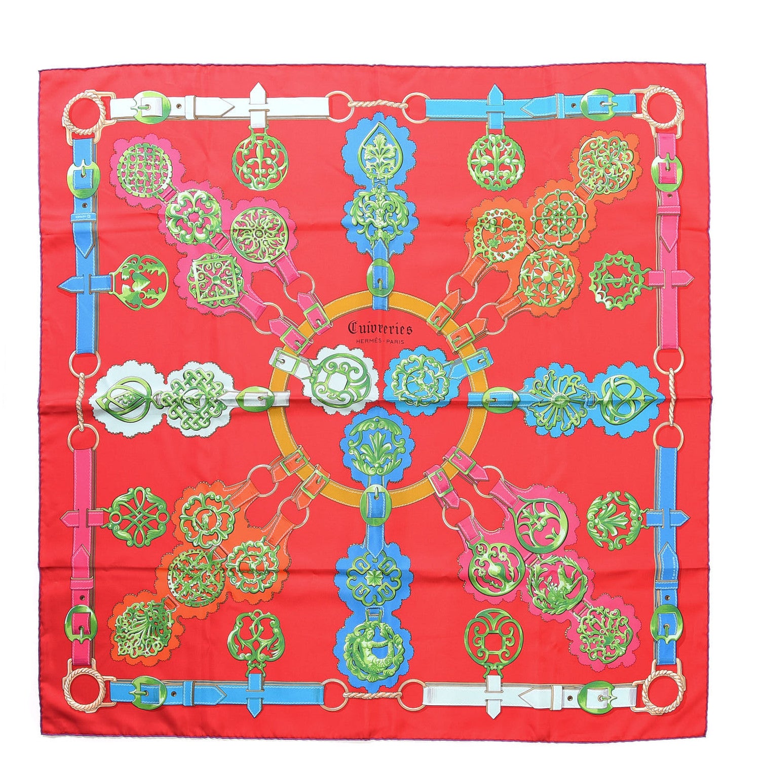 Hermes Silk Cuivreries Scarf 90 Rouge Bleu Vert 1 of 5