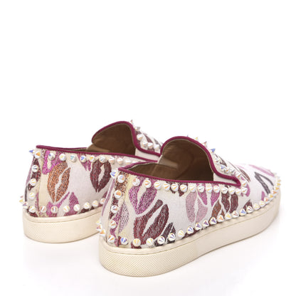 Christian Louboutin Metallic Fabric Lurex Lips Spikes Womens Pik Boat Flat Sneaker 35 White Multicolor 4 of 10