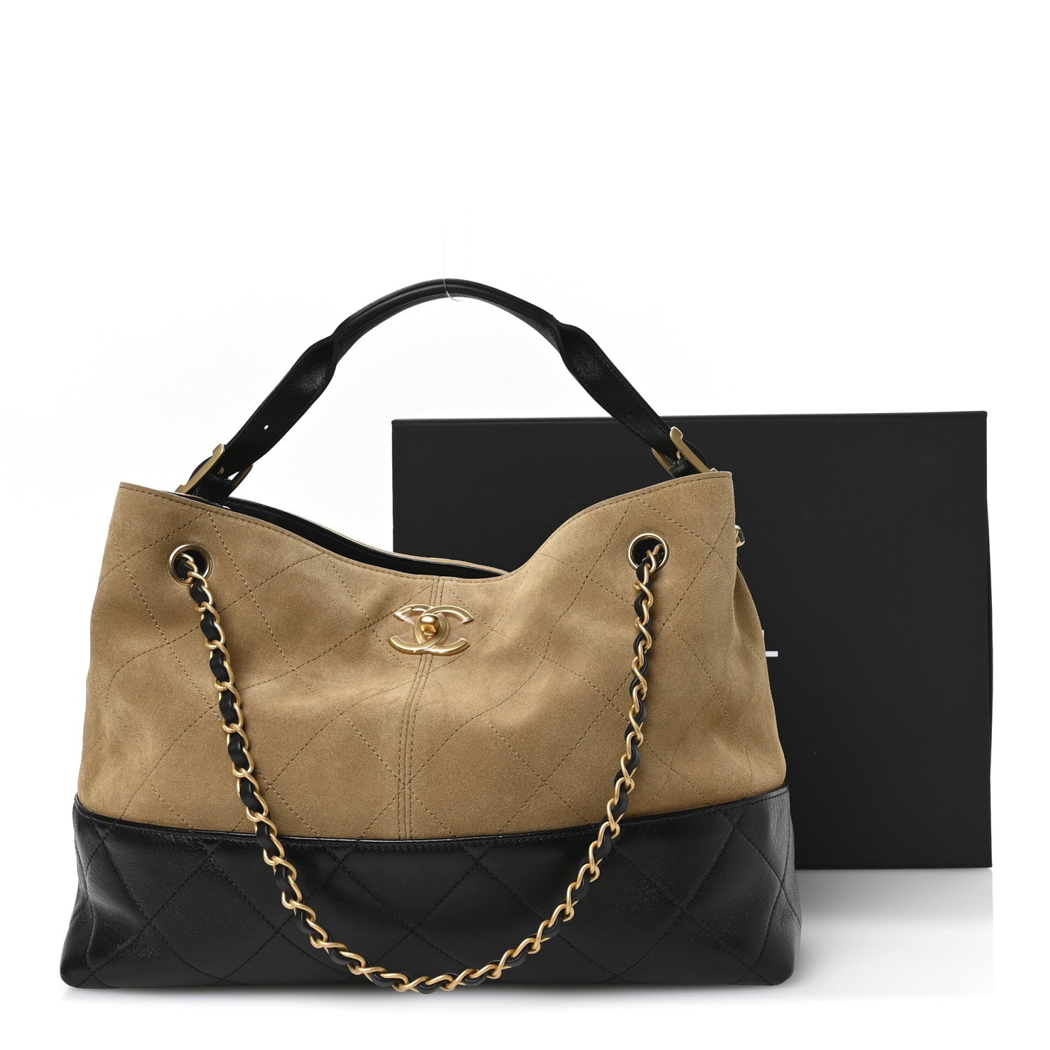 Chanel Suede Calfskin Shiny Lambskin Quilted Small Coco Base Shopping Bag Beige Black 11 of 11