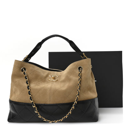 Chanel Suede Calfskin Shiny Lambskin Quilted Small Coco Base Shopping Bag Beige Black 11 of 11
