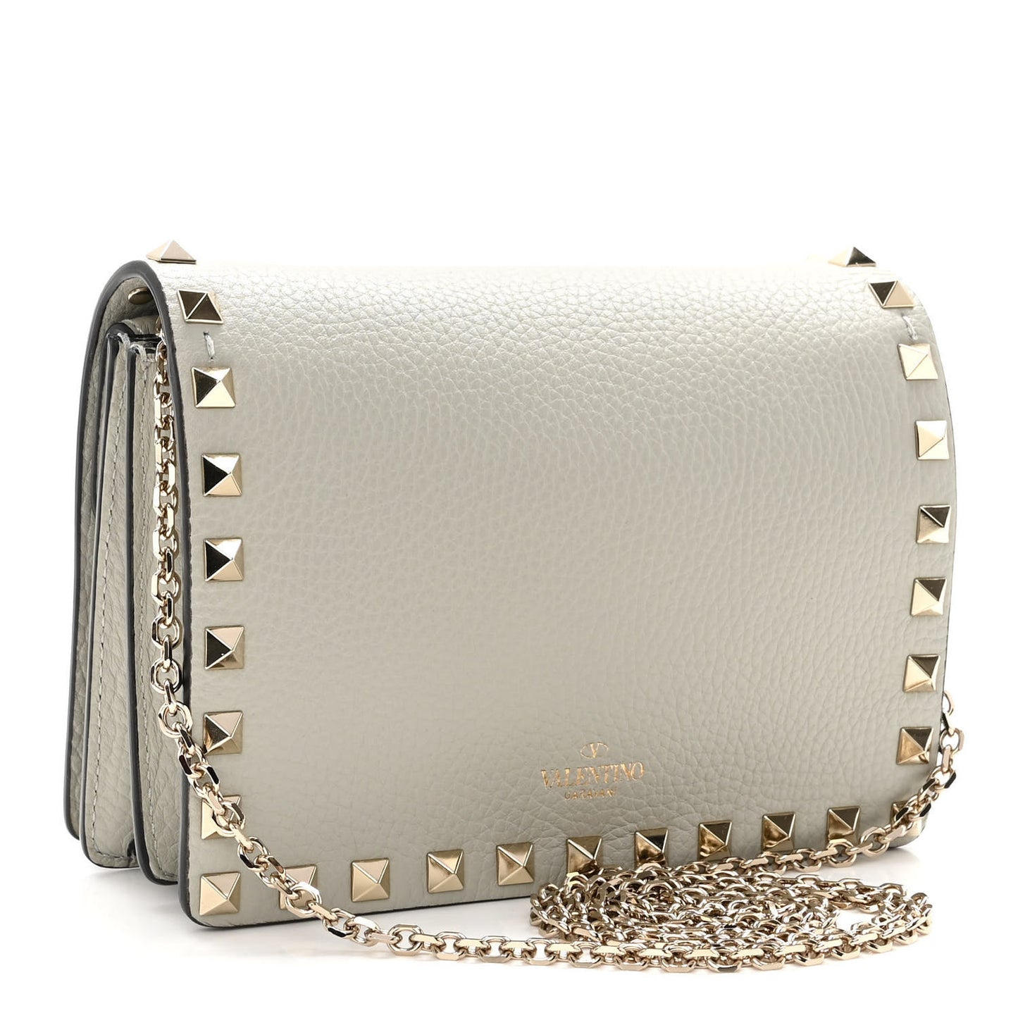 Pebbled Calfskin Rockstud Wallet on Chain Opal Grey