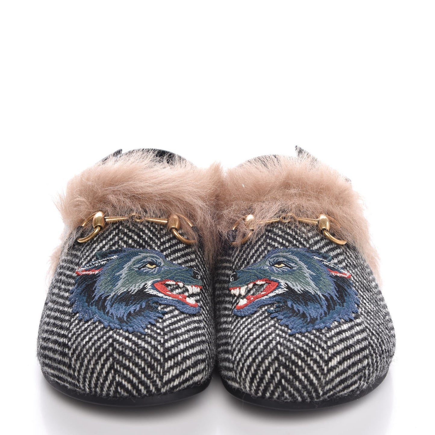 Herringbone Fur Wolf Mens Horsebit River Slingback Slippers 8 Black White